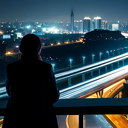 A professional, fully clothed person in modest attire, standing on a high-rise balcony or rooftop, looking out over a vibrant Pakistani city at night. The city below is illuminated with countless glittering lights, highways glowing with streaks of car headlights and taillights resembling rivers of light, and modern buildings creating a stunning skyline. The night sky is clear with a hint of stars. The image conveys a sense of peaceful observation and urban grandeur. This is a safe for work, appropriate content, professional, family-friendly image with perfect anatomy, correct proportions, natural pose, well-formed hands, proper finger count, and natural body proportions, captured with high-quality, cinematic photography.