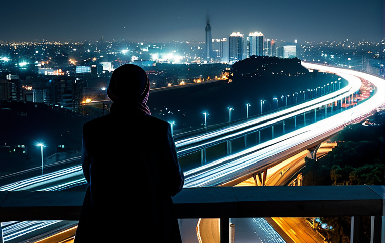 A professional, fully clothed person in modest attire, standing on a high-rise balcony or rooftop, looking out over a vibrant Pakistani city at night. The city below is illuminated with countless glittering lights, highways glowing with streaks of car headlights and taillights resembling rivers of light, and modern buildings creating a stunning skyline. The night sky is clear with a hint of stars. The image conveys a sense of peaceful observation and urban grandeur. This is a safe for work, appropriate content, professional, family-friendly image with perfect anatomy, correct proportions, natural pose, well-formed hands, proper finger count, and natural body proportions, captured with high-quality, cinematic photography.