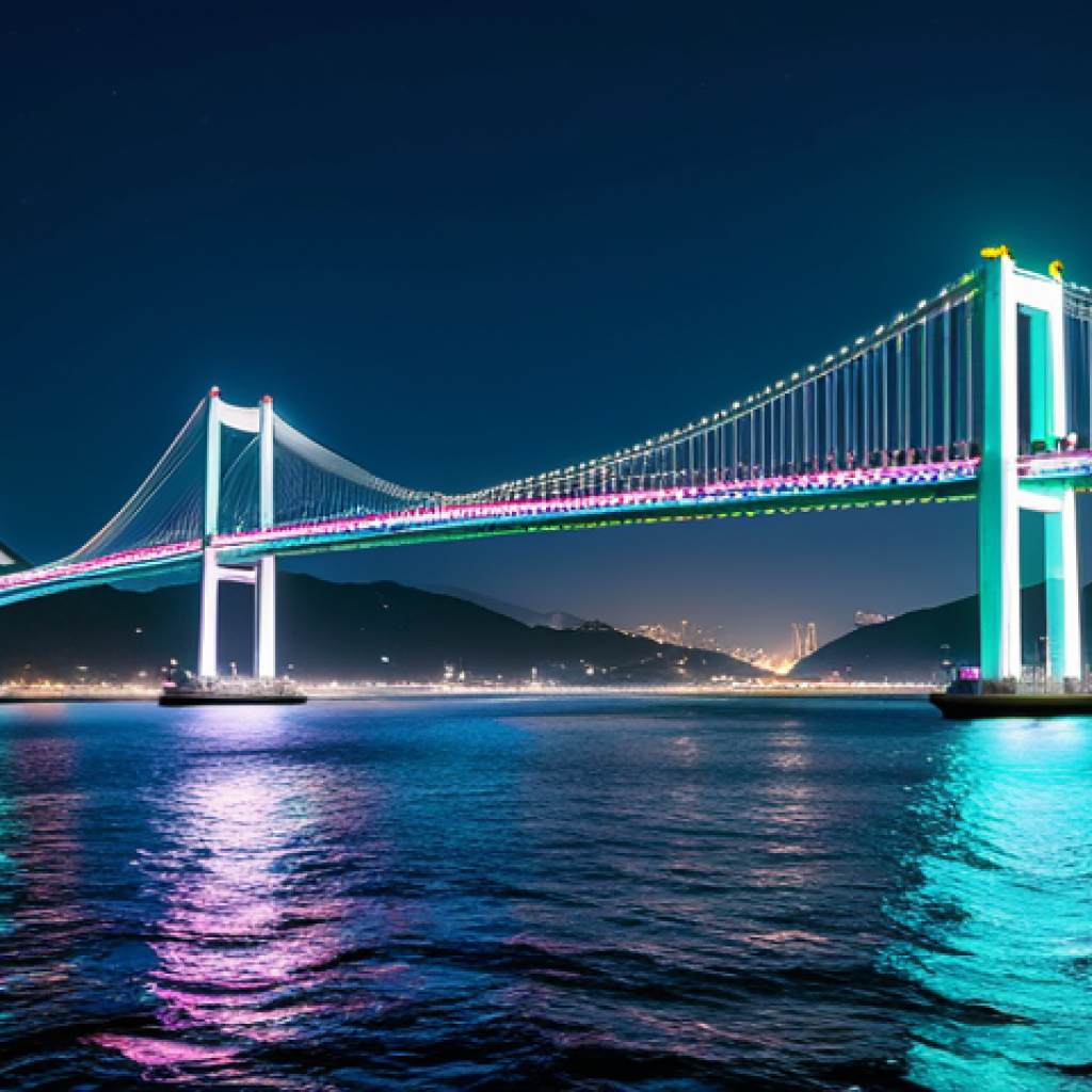 **

"Gwangan Bridge at night, Busan, South Korea, fully clothed tourists admiring the colorful lights reflecting on the water, safe for work, appropriate content, perfect anatomy, correct proportions, professional photography, family-friendly, high quality."

**