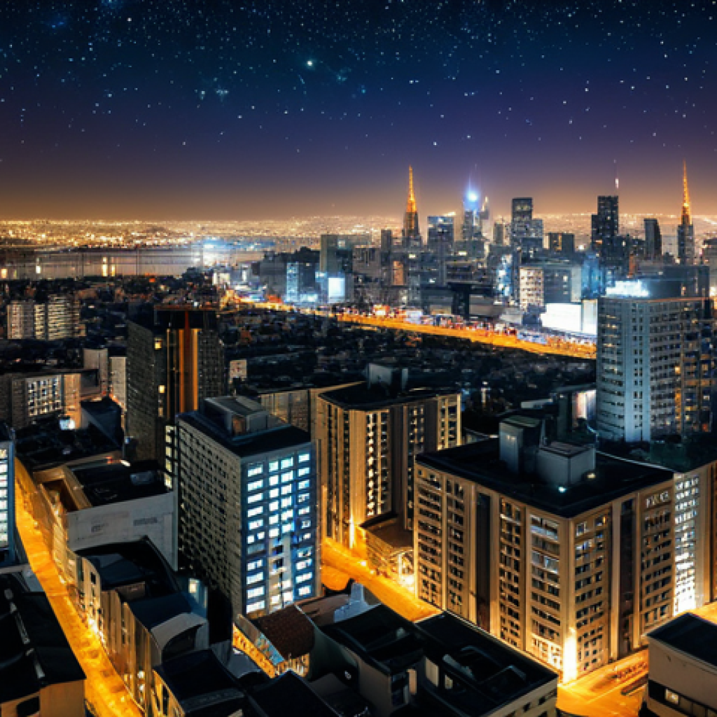 야경을 테마로 한 그림 전시 - City Nightscape**

"A vibrant cityscape at night, viewed from a slight elevation. Buildings are full...