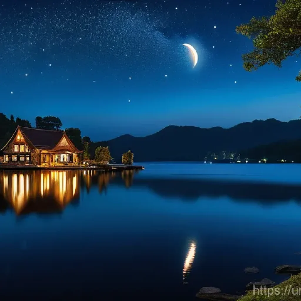 야경과 달빛 촬영 - **Prompt 1: Moonlit Serenity over a Lakeside Village**
"A tranquil night landscape showcasing a ...