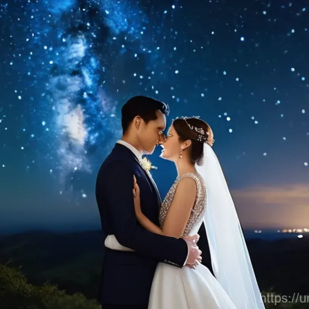 야경을 배경으로 한 웨딩 촬영 - **Prompt:** A newlywed couple, a bride in a shimmering, modest white wedding gown with intricate pea...