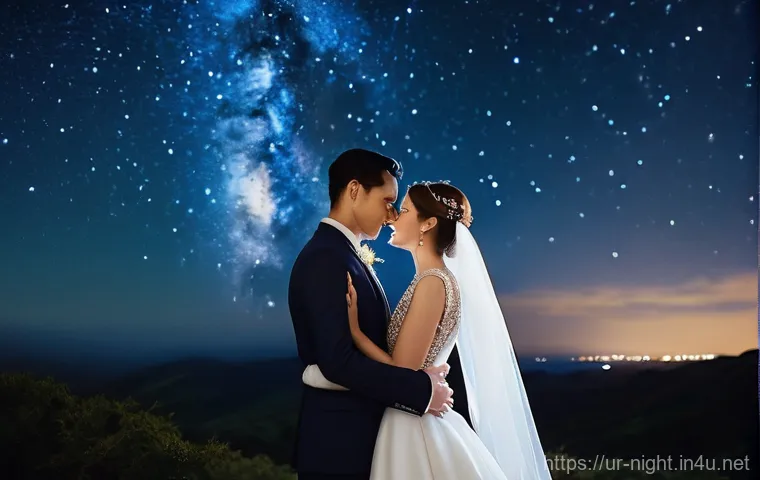 야경을 배경으로 한 웨딩 촬영 - **Prompt:** A newlywed couple, a bride in a shimmering, modest white wedding gown with intricate pea...