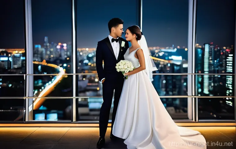 야경을 배경으로 한 웨딩 촬영 - **Prompt:** A newlywed couple, a bride in a shimmering, modest white wedding gown with intricate pea...