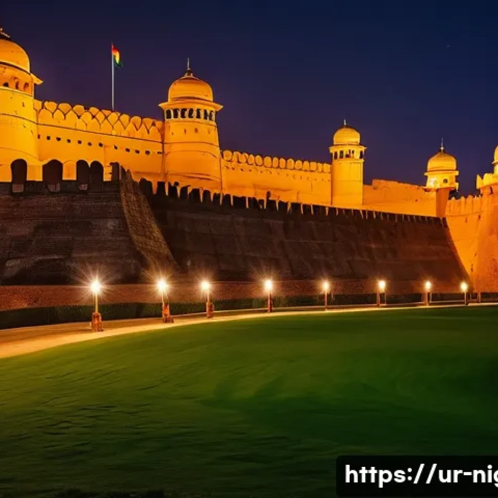 야경 명소 역사와 배경 - A majestic nighttime scene of Lahore's Shahi Qila (Royal Fort) illuminated by warm golden lights, sh...