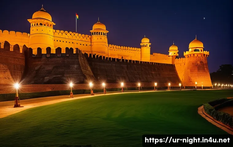 야경 명소 역사와 배경 - A majestic nighttime scene of Lahore's Shahi Qila (Royal Fort) illuminated by warm golden lights, sh...