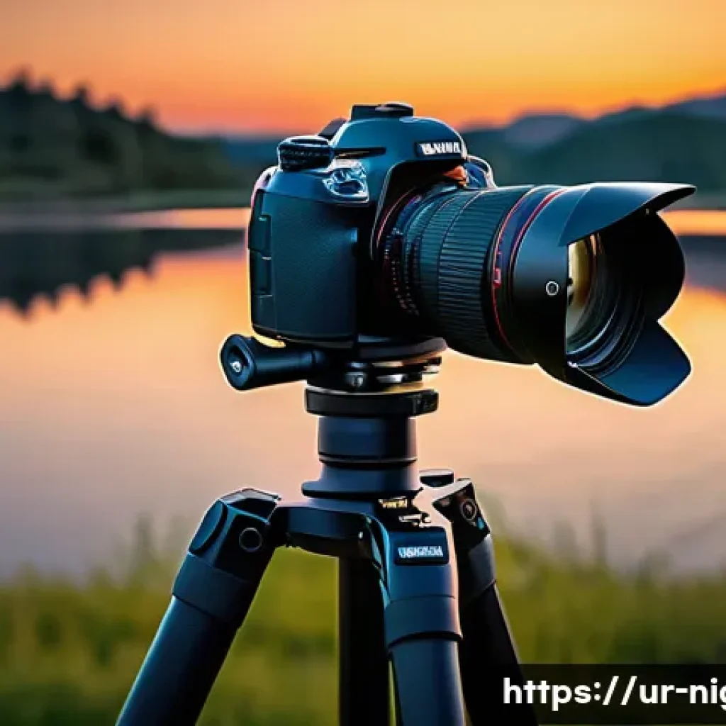 야경을 찍을 때 필요한 액세서리 - A professional night photography setup featuring a sturdy carbon fiber tripod holding a DSLR camera ...