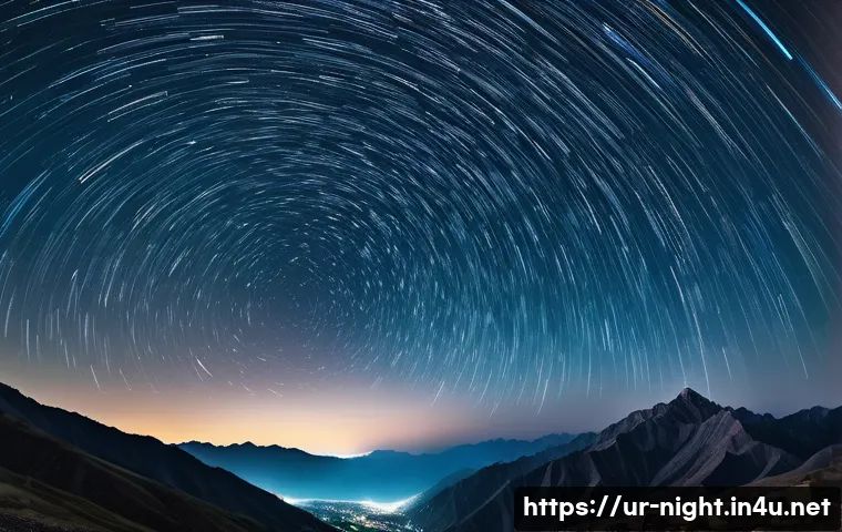 별 궤적 촬영법 - A serene night sky scene over a mountainous landscape in rural Pakistan, showcasing a vast expanse o...