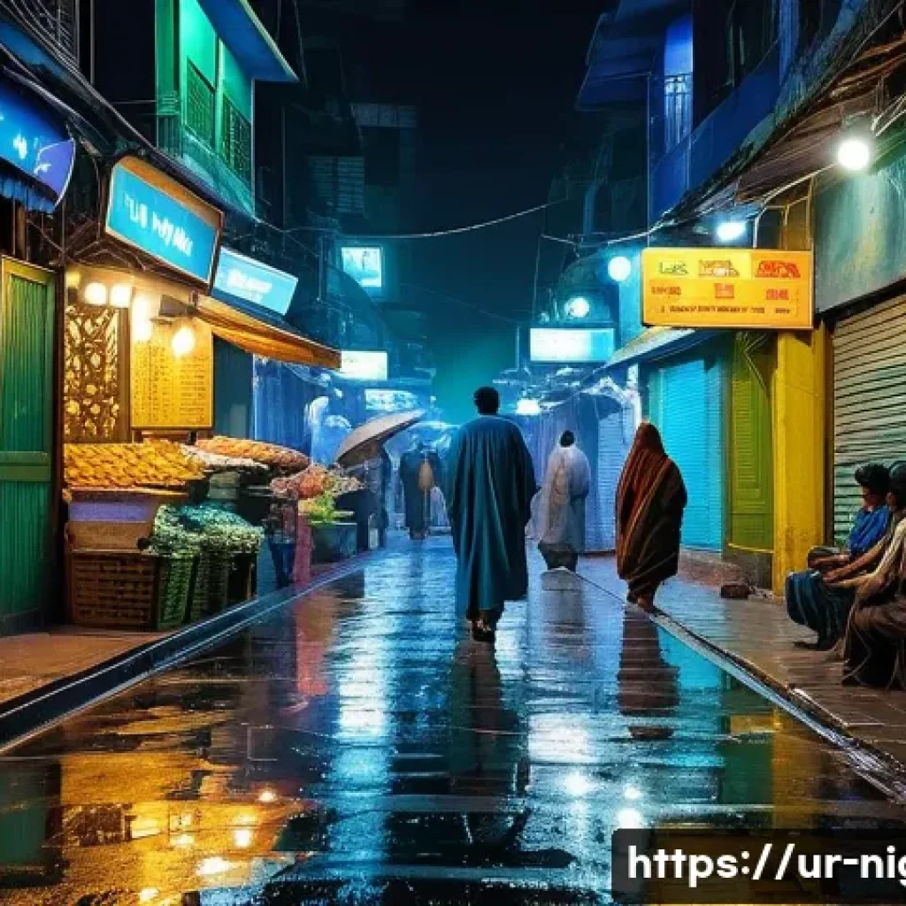 야경 속 자연과 도시의 조화 - A vibrant nighttime urban street scene in a bustling Pakistani city, illuminated by colorful LED lig...
