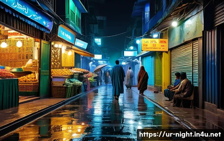 야경 속 자연과 도시의 조화 - A vibrant nighttime urban street scene in a bustling Pakistani city, illuminated by colorful LED lig...