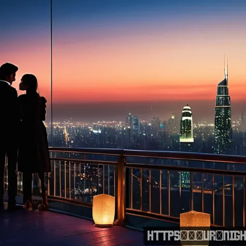 야경 데이트 추천 - A romantic nighttime scene on a tall city tower rooftop, overlooking a sprawling urban skyline illum...