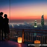 야경 데이트 추천 - A romantic nighttime scene on a tall city tower rooftop, overlooking a sprawling urban skyline illum...
