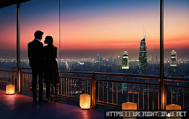 야경 데이트 추천 - A romantic nighttime scene on a tall city tower rooftop, overlooking a sprawling urban skyline illum...