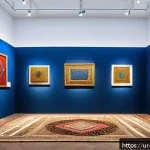 야경을 테마로 한 전시회 - A vibrant art gallery scene showcasing a blend of traditional Syrian crafts and modern digital art, ...