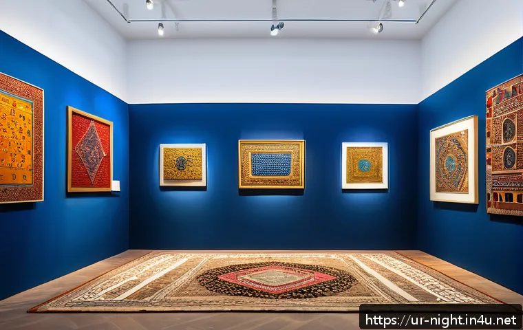 야경을 테마로 한 전시회 - A vibrant art gallery scene showcasing a blend of traditional Syrian crafts and modern digital art, ...