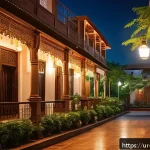 야경 포토스팟 추천 - A serene residential street at night in an Urdu-speaking city, adorned with delicate fairy lights st...