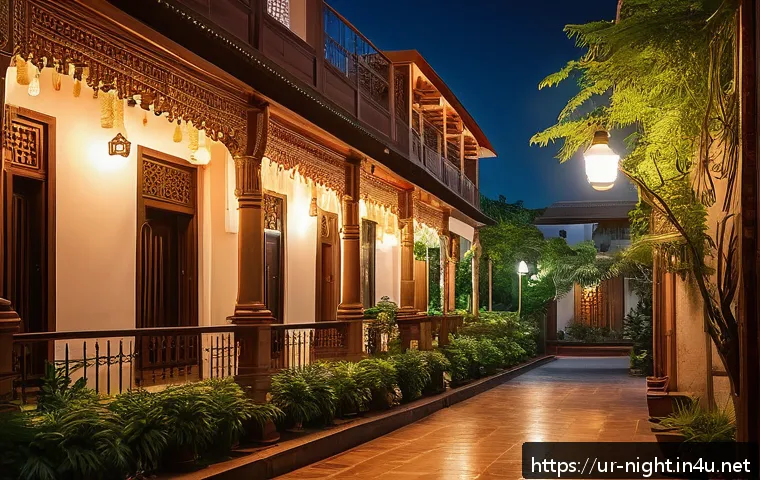 야경 포토스팟 추천 - A serene residential street at night in an Urdu-speaking city, adorned with delicate fairy lights st...