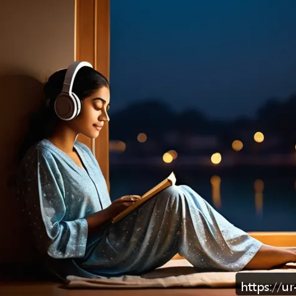 야경을 담은 음악 앨범 - A serene nighttime scene featuring a young woman sitting peacefully alone in a dimly lit room, weari...