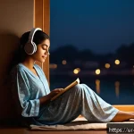 야경을 담은 음악 앨범 - A serene nighttime scene featuring a young woman sitting peacefully alone in a dimly lit room, weari...