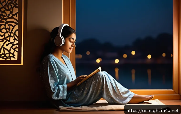 야경을 담은 음악 앨범 - A serene nighttime scene featuring a young woman sitting peacefully alone in a dimly lit room, weari...