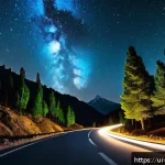 야경 드라이브 코스 - A serene nighttime mountain road scene in Pakistan, featuring a modern car driving along a winding p...