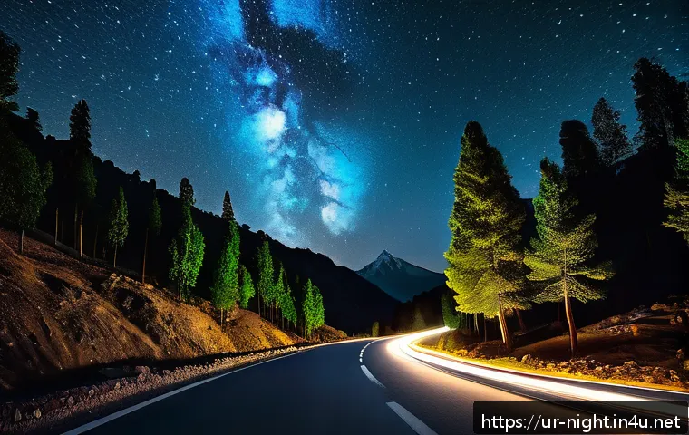 야경 드라이브 코스 - A serene nighttime mountain road scene in Pakistan, featuring a modern car driving along a winding p...
