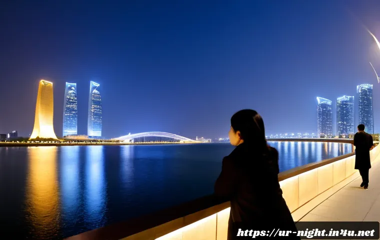 인천 송도 야경 - Photorealistic panoramic night view of Songdo, Incheon, South Korea, seen from the waterfront promen...